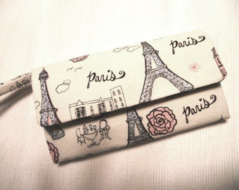 Paris Life and Pink Dots Envelope Wallet / Wristlet / Clutch / Cell Phone Pouch / Checkbook