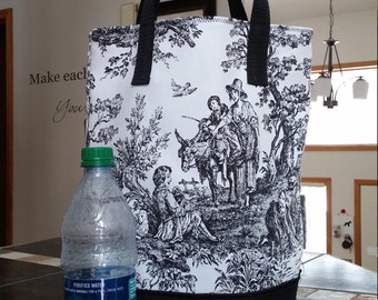 Toile Black and White Market Tote /Not Insulated Lunch Tote / Shopping /  Grocery / Reusable Tote / Choice Handles / Unlined