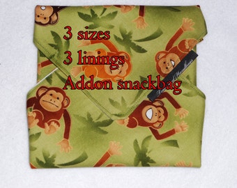 Reusable Sandwich Wrap, Bag, Swinging Monkeys with, without Snack Bag, Eco-Friendly, Lining Options /