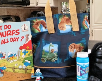 The Good Dinosaur Child Tote / Book Bag / Kindergarten Tote / Preschool / Travel Bag with Decorative Piping / Embroidered with Childs Name