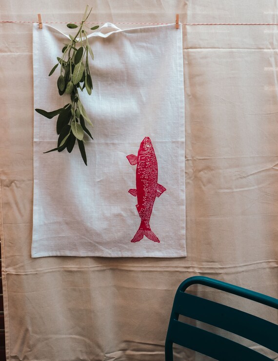 Geschirrtuch // 100% Leinen // Fisch // Design, bedruckt // Geschenk zum Einzug, Richtfest, Einweihungsparty