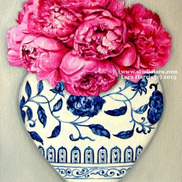 Still Life - Bright and Cheery Pink Peonies in a Ming Vase . . . . .11x14 Original OIL Painting by LARA Ginger Jar