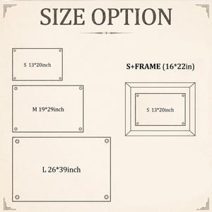 Może przedstawiać: Tabela opcji rozmiar&oacute;w z napisem SIZE OPTION na g&oacute;rze. Przedstawia trzy prostokątne znaki oznaczone jako S 13*20inch, M 19*29inch i L 26*39inch oraz wersję w ramce S+FRAME (16*22in) zawierającą znak S 13*20inch.