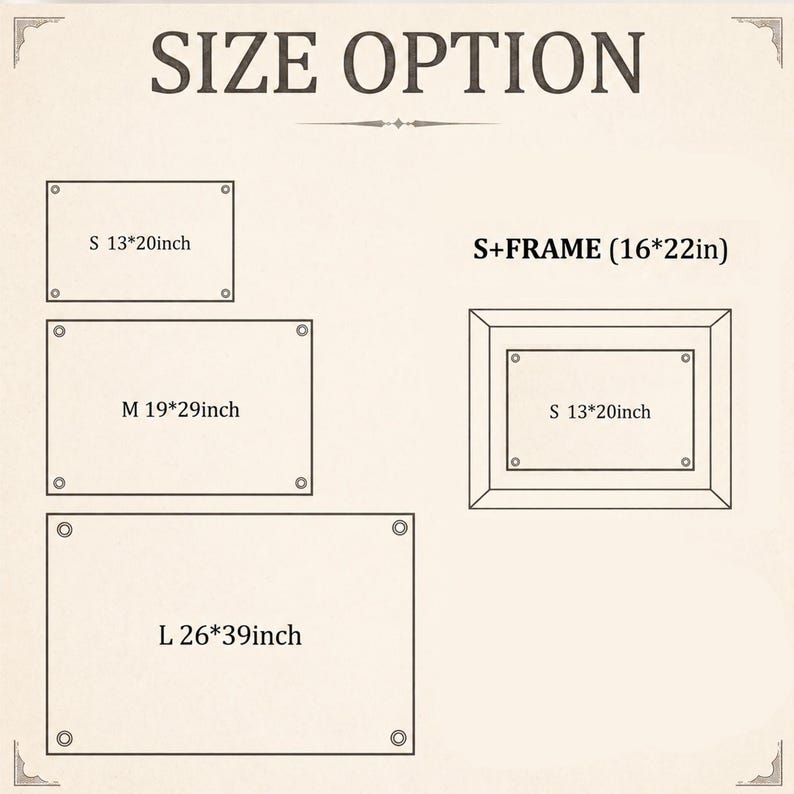 Może przedstawiać: Tabela opcji rozmiar&oacute;w z napisem SIZE OPTION na g&oacute;rze. Przedstawia trzy prostokątne znaki oznaczone jako S 13*20inch, M 19*29inch i L 26*39inch oraz wersję w ramce S+FRAME (16*22in) zawierającą znak S 13*20inch.