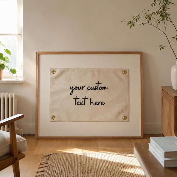 Custom Embroidered Text Quote Banner, Hand Stitched Typography Wall Art, Neutral Home Decor, Modern Minimalist, Personalized Embroidery Gift