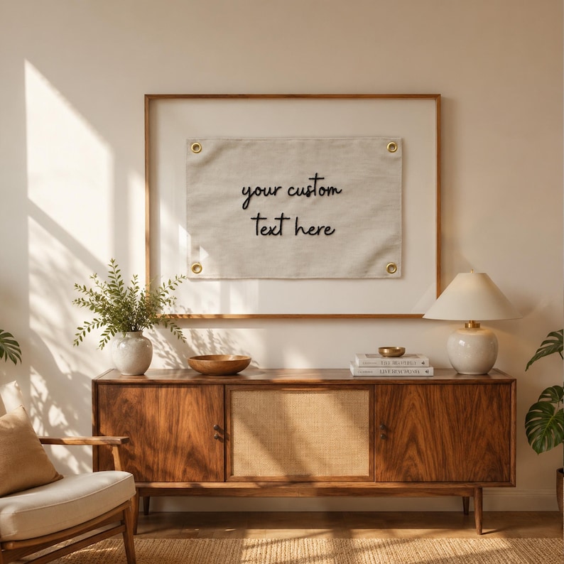 Może przedstawiać: Prostokątny baner z tkaniny w kolorze złamanej bieli ze złotymi metalowymi oczkami w rogach, zawierający czarny haftowany napis "your custom text here". Baner jest wyeksponowany w cienkiej drewnianej ramie na jasnej ścianie.