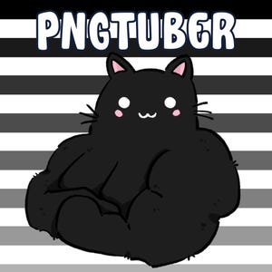 May include: A cartoon illustration of a black cat with pink inner ears and cheeks. The cat is sitting with its paws tucked in. The background has black, white, and gray horizontal stripes. The word "PNGTUBER" is written in white letters with a black outline at the top.