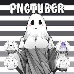May include: A grayscale illustration featuring a ghost character with the text "PNGTUBER" above. The ghost is depicted with a white sheet, black eyes, and pink cheeks. Four smaller ghost illustrations are in circles below.
