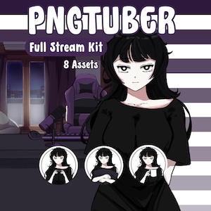 May include: Digital art graphic for a PNGTuber Full Stream Kit with 8 Assets. The image shows an anime-style character in a black dress, with a purple gaming chair, microphone, and a window with a city view.