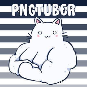 May include: A cartoon illustration of a white cat with pink accents, including blush and ear details. The cat is sitting with its arms crossed. The word "PNGTUBER" is written above the cat in a white, bubble-style font. The background features navy and gray horizontal stripes.