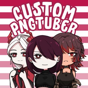 May include: A digital illustration featuring three anime-style characters against a pink and white striped background. The text "CUSTOM PNGTUBER" is displayed in bold white letters at the top. The characters have distinct hair colors including white, dark purple, and reddish-brown.