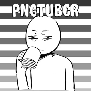 Puede incluir: Ilustración de dibujos animados en blanco y negro de una persona bebiendo de una taza. La persona tiene una expresión cansada. La palabra "PNGTUBER" está escrita en letras blancas sobre la cabeza de la persona. El fondo tiene rayas horizontales.