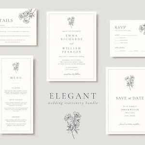 May include: A collection of elegant wedding stationery with a floral motif. The set comprises an invitation, RSVP card, details card, menu, and save-the-date card. The text includes the names Emma Richards and William Pearson.