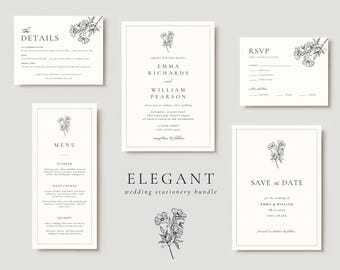 Elegant Wedding Stationery Bundle, Minimalist Wedding Invitation Suite, Invitation, Save the Date, Menu Card, RSVP Card, Details Card, Canva