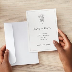 Elegante Blumen Save the Date Vorlage, bearbeitbare Save the Date, minimalistische Hochzeitspostkarte, einfache neutrale Hochzeit Save the Date, Canva