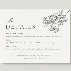 Modelo de cartão de detalhes de casamento floral simples, detalhes de casamento editáveis, detalhes de casamento minimalistas, cartão de RSVP de casamento elegante, programa Canva