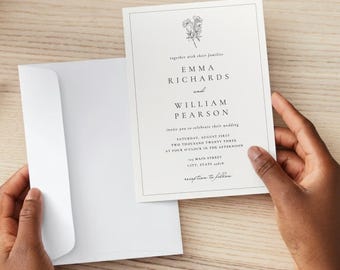 Elegante Blumenhochzeitseinladung, Hochzeitseinladung Canva-Vorlage, einfaches neutrales Design, minimalistisches Briefpapier