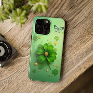 Lucky Four-Leaf Clover Phone Case, St Patricks Day Shamrock, Elegant Green and Gold Coin iPhone Case, iPhone 16, 15, 14, 13, 12 Pro Max