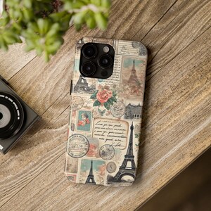 Capa de telefone vintage com cartão postal de Paris, capa para iPhone com torre Eiffel, capa romântica com colagem francesa, iPhone 16 Pro Max, 15, 14, 13, 12, 11, X, 8 Plus