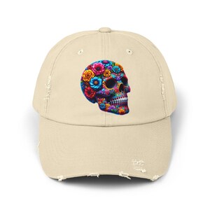 Distressed Cap, Skull Embroidered Hat, Gothic Fashion Accessory, Hipster Beanie, Punk Rock Headwear, Edgy Streetwear Cap