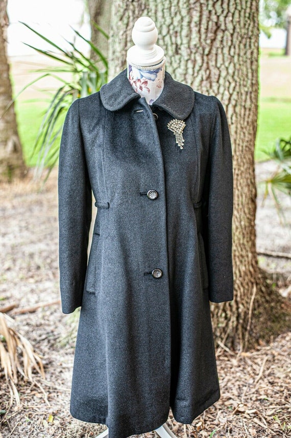 Vtg Black Wool Mohair Swing Coat M Ribbon 1950's