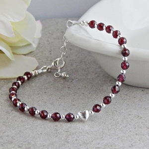 Garnet Bracelet Sterling Silver, January Birthstone Bracelet for Women, Dainty Garnet Silver Bracelet, Garnet Birthstone Bracelet