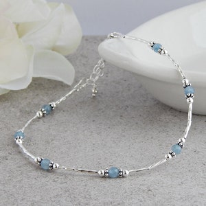 Aquamarine Anklet with Sterling Silver, Anklets for Women, March Birthstone Gift, Something Blue Gift, Beach Anklet, Aquamarine Jewelry