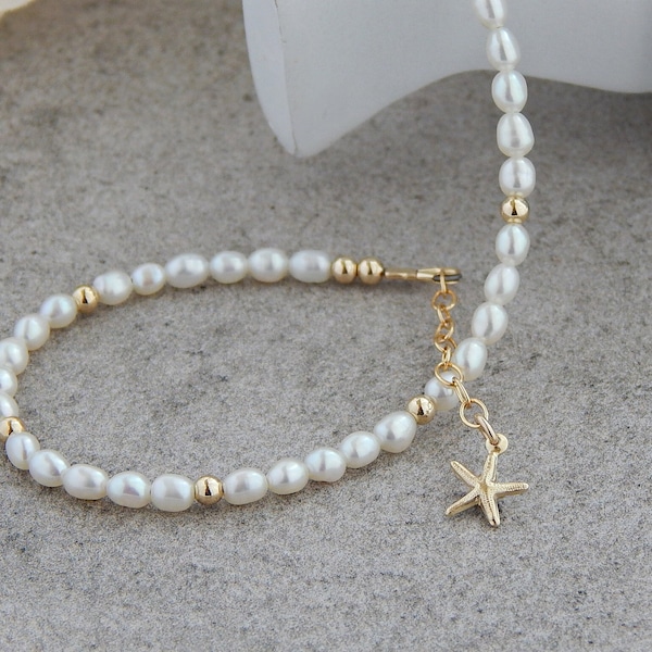 Pearl Anklet Gold Ankle Bracelets for Women, 14k Gold Anklets for Women, Starfish Anklet, Pearl Ankle Bracelet, Boho Beach Anklet