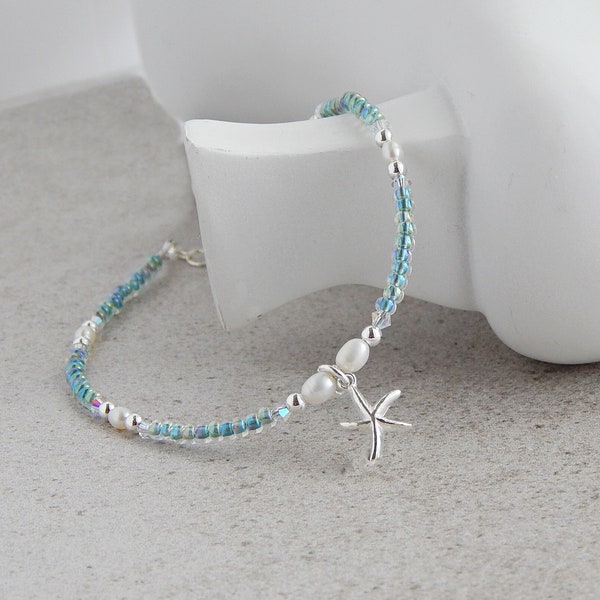 Sterling Silver Starfish Anklet for Women, Freshwater Pearl Anklet, Turquoise Beach Anklet, Adjustable Ankle Bracelet