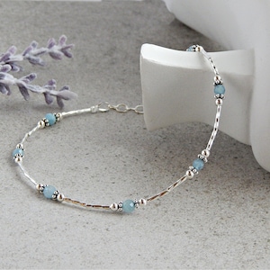 Aquamarine Anklet with Sterling Silver, Anklets for Women, March Birthstone Gift, Something Blue Gift, Beach Anklet, Aquamarine Jewelry