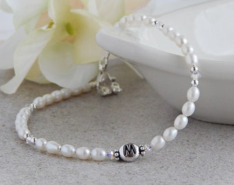 Personalized Ankle Bracelet, Pearl Anklet for Women, Initial Anklet Silver, Sterling Silver, Bridesmaid Gifts Wedding Day Jewelry