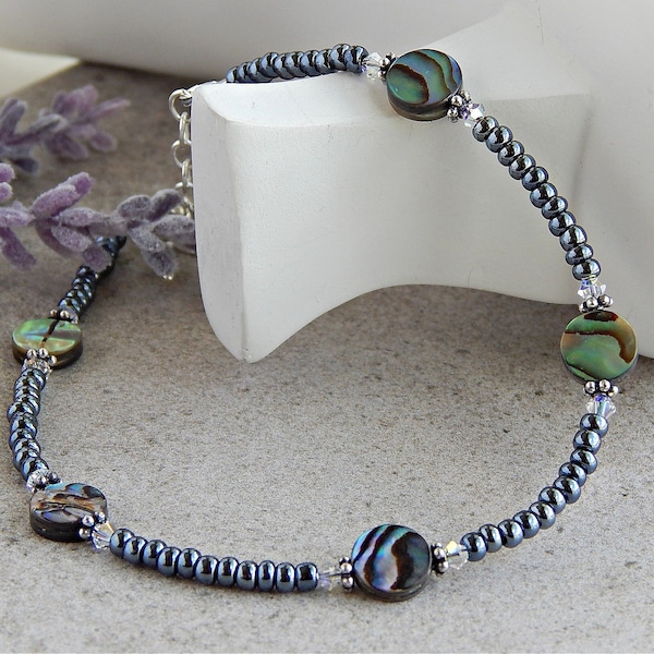 Abalone Shell Anklet with Silver, Anklet for Women, Shell Ankle Bracelet for Women, Paua Shell Beach Boho Anklet, Adjustable Anklet