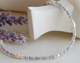 Freshwater Pearl Anklet, Spring Anklet, Pastel Pearl Anklet for Women with Swarovski Crystal, Pearl Ankle Bracelet, Boho Anklet