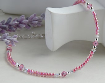 Pink Crystal Ankle Bracelet, Sterling Silver Pink Anklet for Women, Pink Crystal Jewelry, Boho Beach Anklet