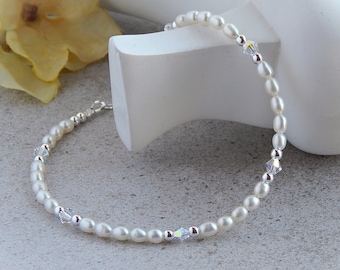 Freshwater Pearl Anklet for Women with Sterling Silver, Crystal Anklet, Pearl Ankle Bracelet, Bridal Anklet, Boho Beach Anklet