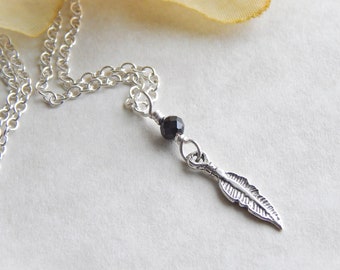Sterling Silver Feather Necklace for Women, Silver Layered Necklace, Black Spinel Necklace, Dainty Feather Jewelry,  Boho Necklace