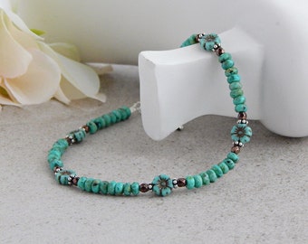 Turquoise Anklet for Women, Turquoise Ankle Bracelet, Flower Anklet, Turquoise Jewelry, Sterling Silver Beaded Boho Anklet, Beach Anklet