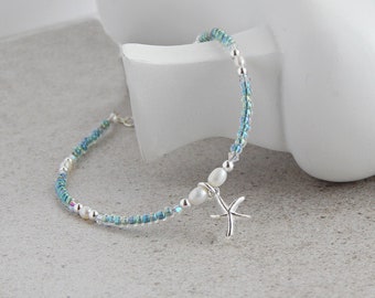 Sterling Silver Starfish Anklet for Women, Freshwater Pearl Anklet, Turquoise Beach Anklet, Adjustable Ankle Bracelet