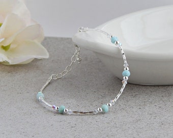 Larimar Bracelet Sterling Silver, Blue Gemstone Bracelet for Women, Silver Larimar Jewelry, Adjustable Silver Bracelet, Gift for Women