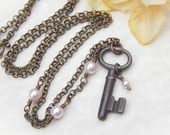 Vintage Key Necklace, Pink Pearl Necklace, Skeleton Key Jewelry, Vintage Brass Key Upcycled Necklace, Boho Necklace