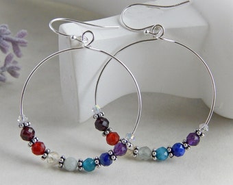 Chakra Hoop Earrings, 7 Chakra Earrings, Beaded Gemstone Hoops, Multi Gemstone Hoop Earrings for Women
