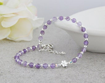 Amethyst Anklet, Sterling Silver Anklets for Women, Silver Ankle Bracelets for Women, February Birthstone Bracelet, Flower Anklet