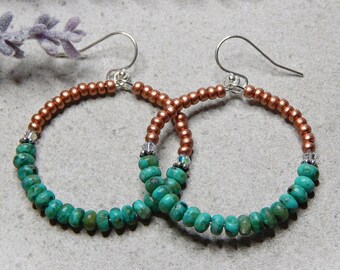 African Turquoise Hoop Earrings with Sterling Silver Ear Wires, Rose Gold Beaded Hoops, Boho Hoop Earrings, African Turquoise Jewelry