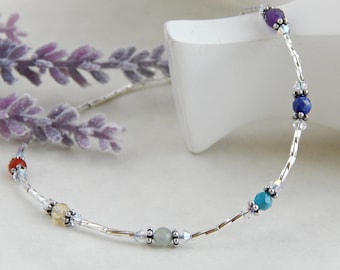 Chakra Anklet for Women with Sterling Silver, 7 Chakra Anklet, Rainbow Gemstone Anklet, Crystal Anklet Adjustable