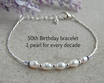 50th Birthday Gift for Women Bracelet, Silver Pearl Bracelet, June Birthstone Bracelet, Decade Bracelet, 50th Birthday Gift Jewelry