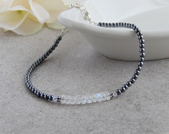 Moonstone Anklet, Genuine Moonstone, Hematite Ankle Bracelet, June Birthstone Jewelry, Moonstone Jewelry, June Birthday Gift for Neice