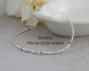 Morse Code Anklet, Sterling Silver Anklets for Women, Silver Ankle Bracelet, Morse Code Ankle Bracelet, Badass Jewelry, Morse Code Gift