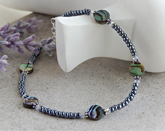 Abalone Shell Anklet with Silver, Anklet for Women, Shell Ankle Bracelet for Women, Paua Shell Beach Boho Anklet, Adjustable Anklet