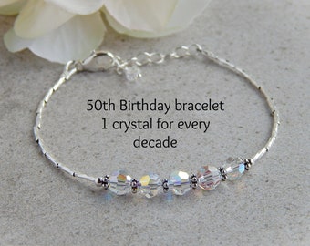 50th Birthday Gift for Women Jewelry, 50th Birthday Bracelet, Sterling Silver Crystal Bracelet, April Birthstone Bracelet, Decade Bracelet