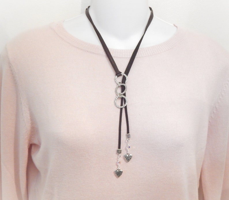 Leather Lariat Choker Necklace with Crystal Hearts, Boho Leather Necklace, Leather Jewelry, Wrap Necklace image 7